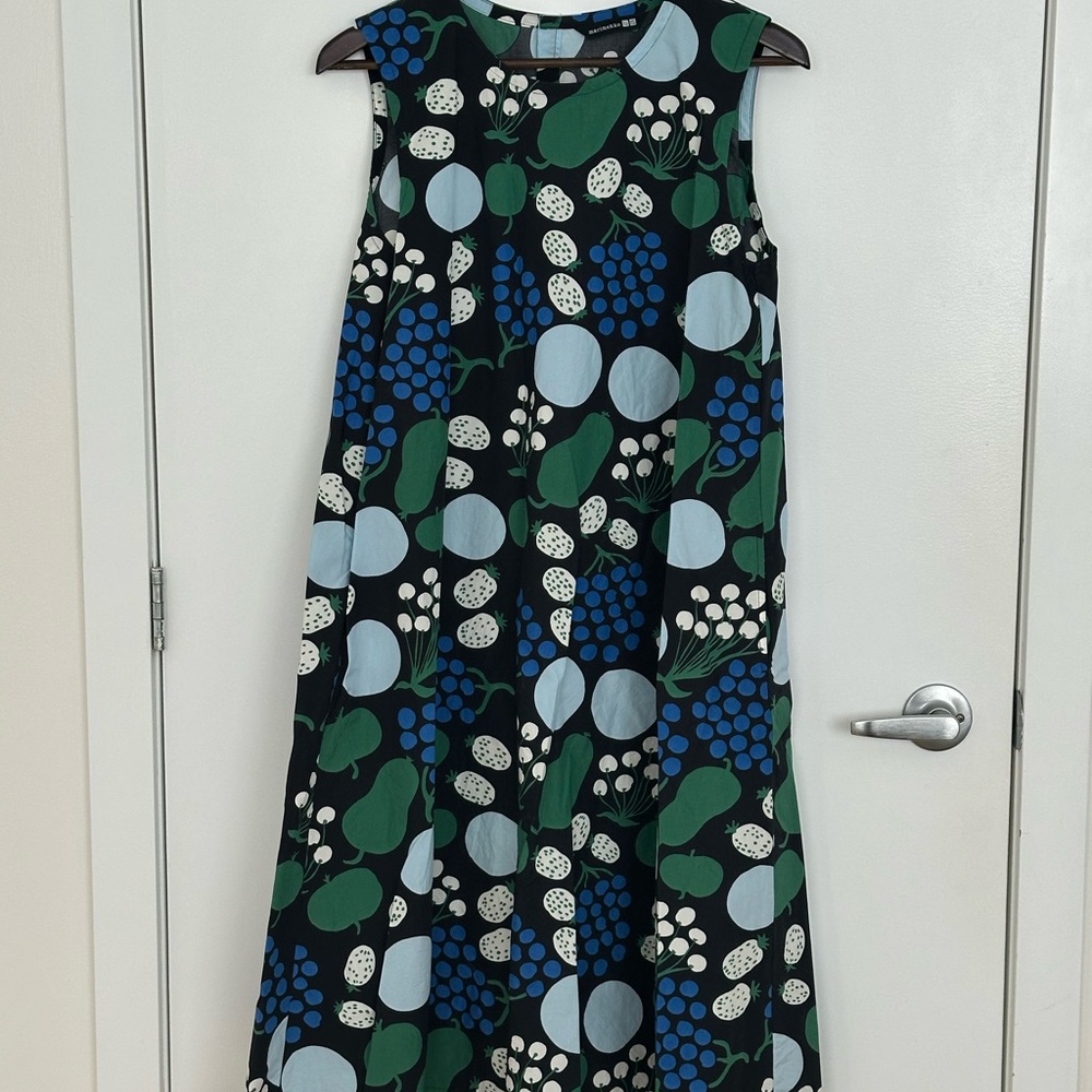 Uniqlo Marimekko Sleeveless A-Line Dress with Blue and Green Fruit Print